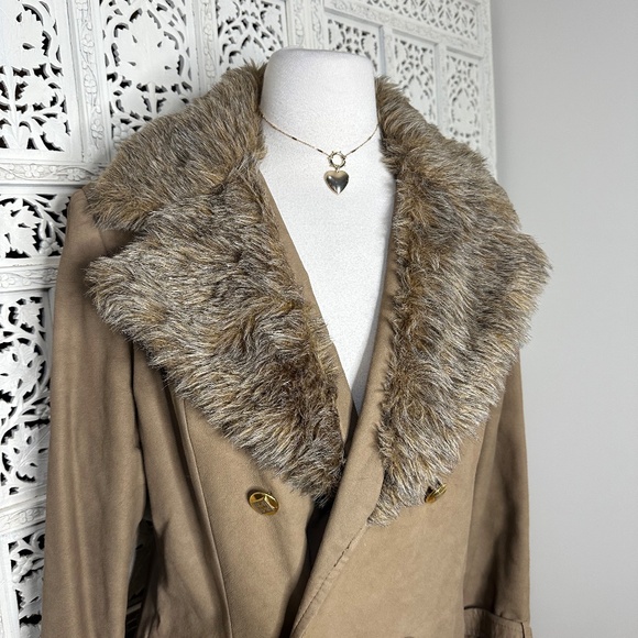 Vtg Tan 70's Debbi Robert Faux Fur Collar Trench Coat Sz Medium Old Money - Picture 2 of 10